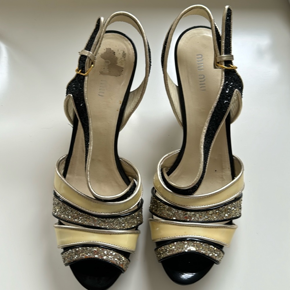 Great condition Miu Miu art deco chrome-look heels